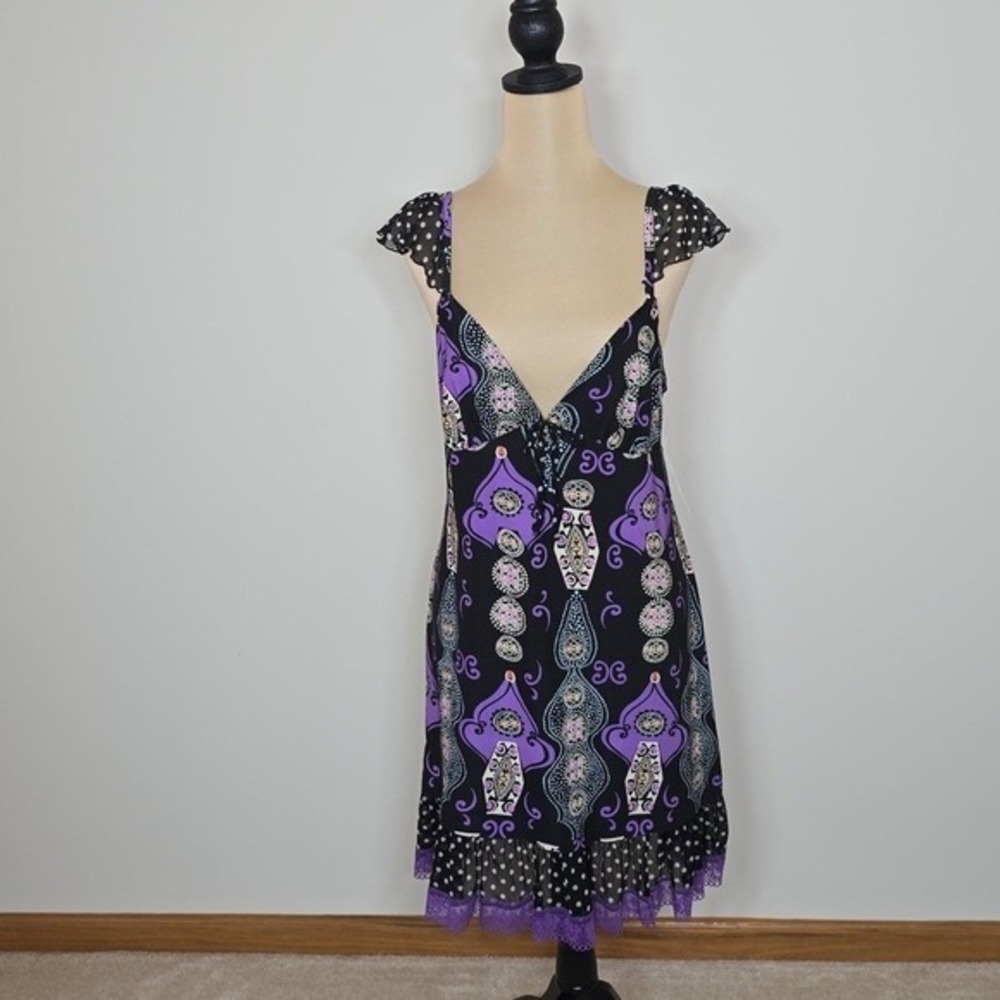 Y2K BISOU BISOU Intimates Black Purple Paisley Print Babydoll Nightie Size L